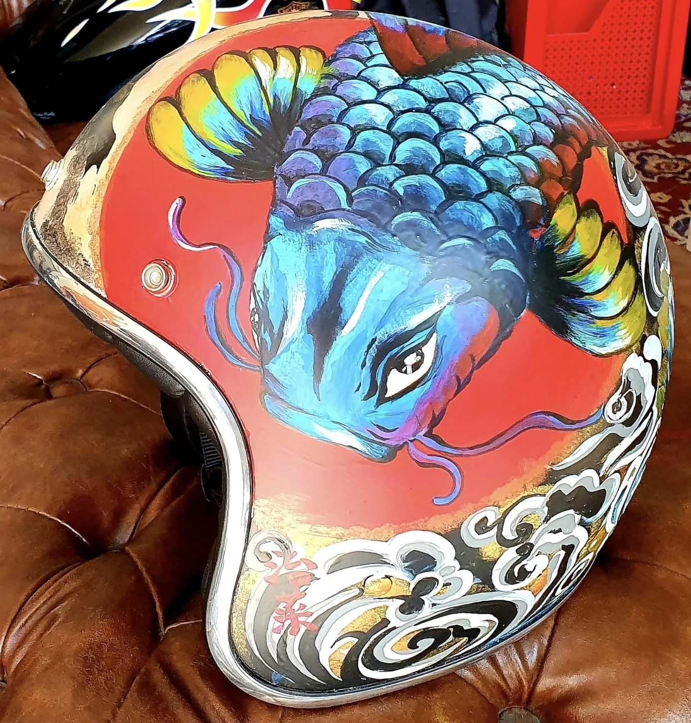 Hand-painted helmet with colourful Japanese motifs