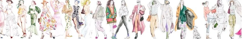A long line of fashion figures illustrated by J4 Atelier